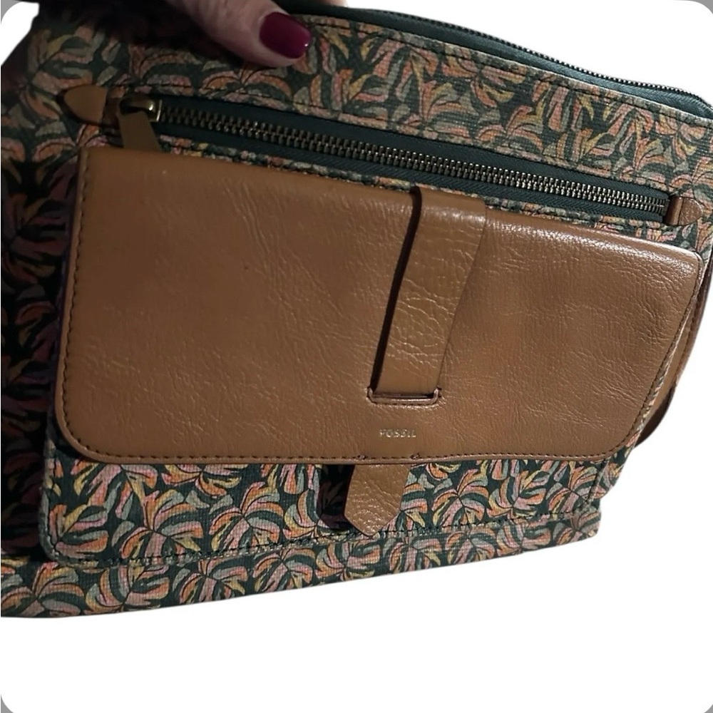 Fossil Brown and Green Leafy Crossbody Bag
